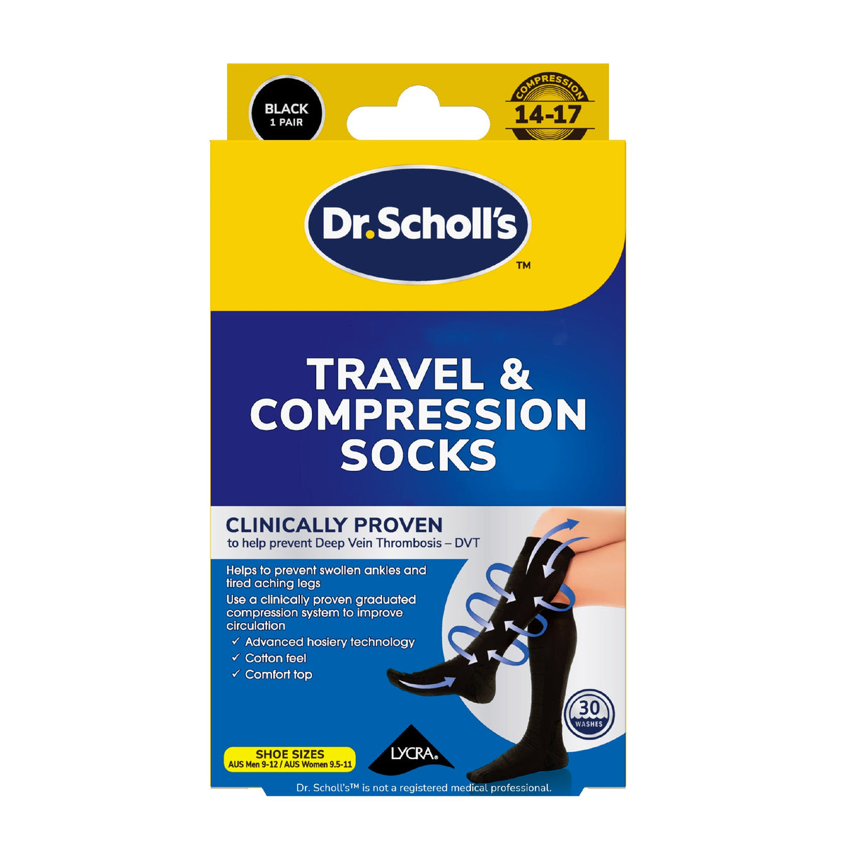 Dr. Scholl’s™ Travel and Compression Socks – Black (Large, 14–17 mmHg)