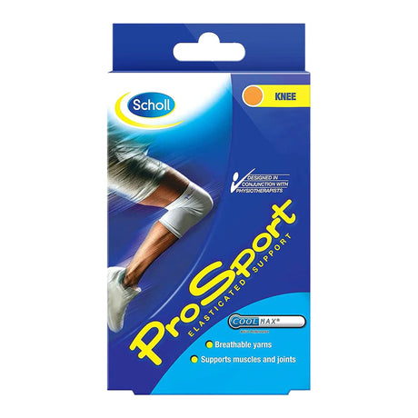 ProSport Knee Compression Bandage by Scholl UK packaging showing elasticated knee support for compression rehabilitation and support for muscles and joints