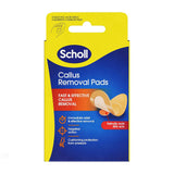 Scholl UK Callus Removal Pads packaging for targeted callus removal with salicylic acid medicated pads and cushioning protection