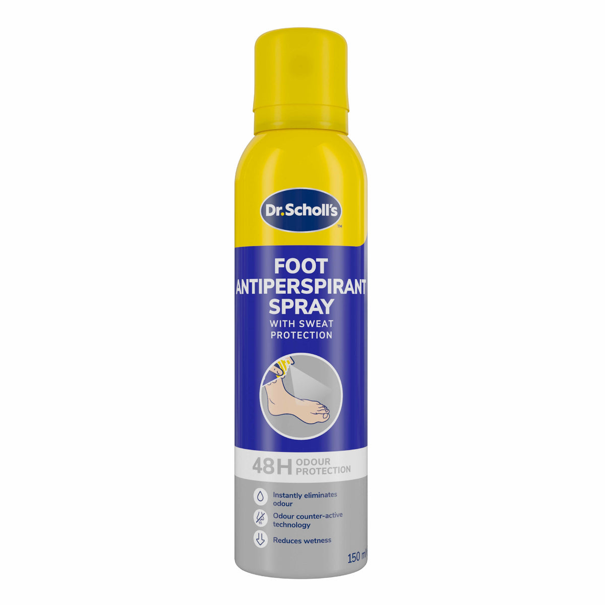 Dr. Scholl’s™ antitranspirantspray voor voeten met bescherming tegen transpiratie – 48 uur bescherming tegen geur (150ml)