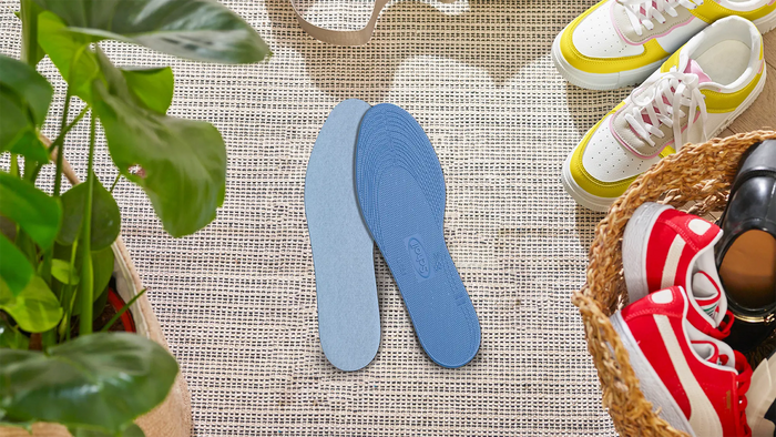 A pair of blue shoe insoles placed on a woven mat, surrounded by other shoes and a potted plant in a styled flat-lay arrangement.