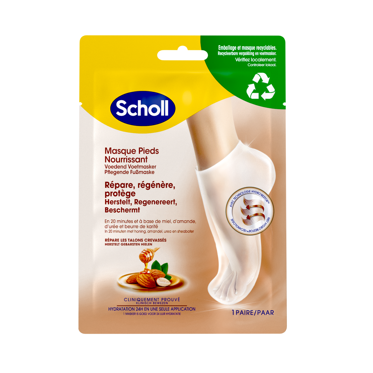 Masque Pieds Nourrissant et Hydratant Miel et Amande pour Peaux Sèches Scholl