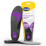 Plantar Fasciitis Pain Relief Insoles Medium by Scholl UK shown with black and purple arch support insoles and retail packaging for cushioned foot comfort