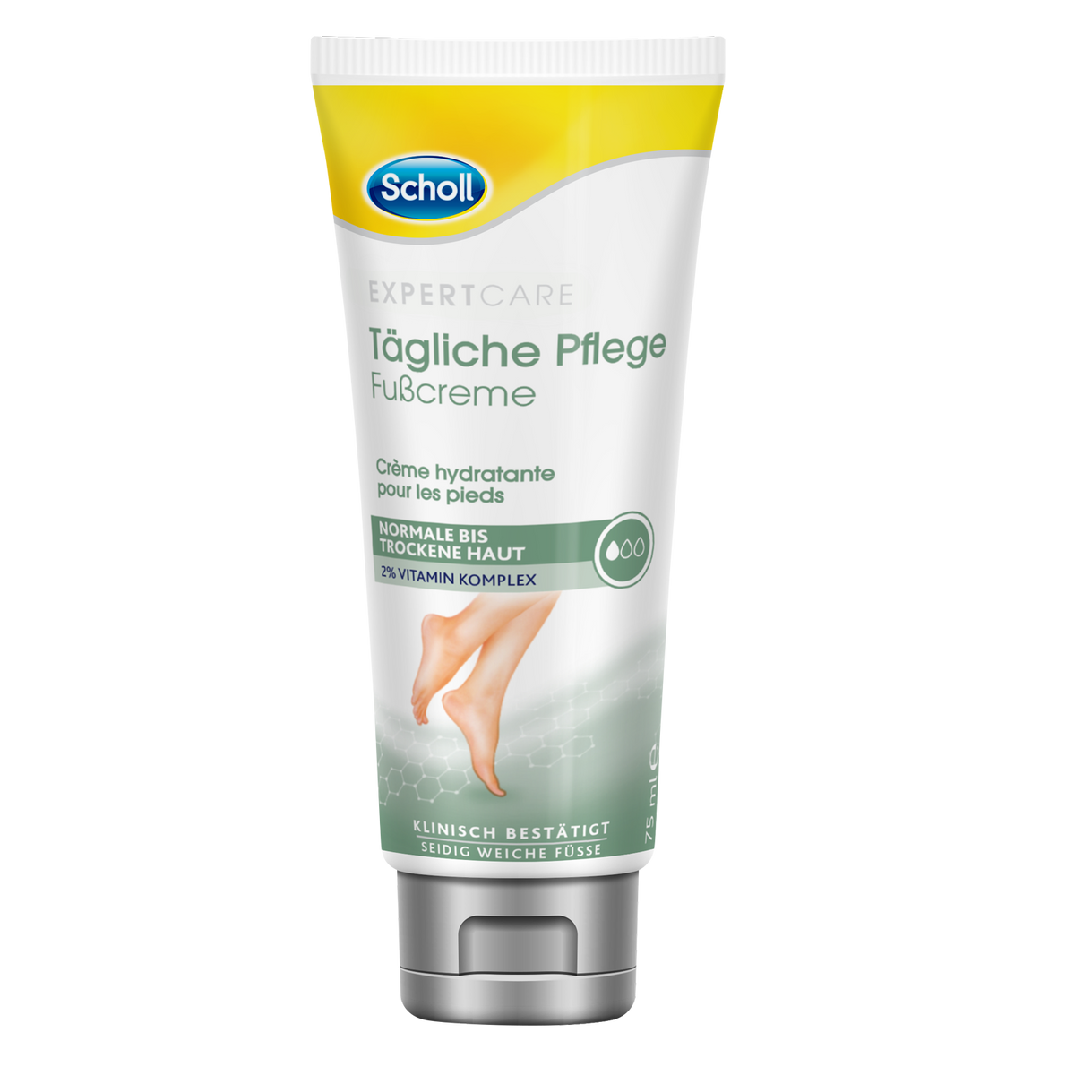 Scholl DE Scholl Tägliche Pflege Fußcreme – Intensiv pflegende Fußcreme für trockene Haut – Mit Vitamin-Komplex – 1 x 75ml