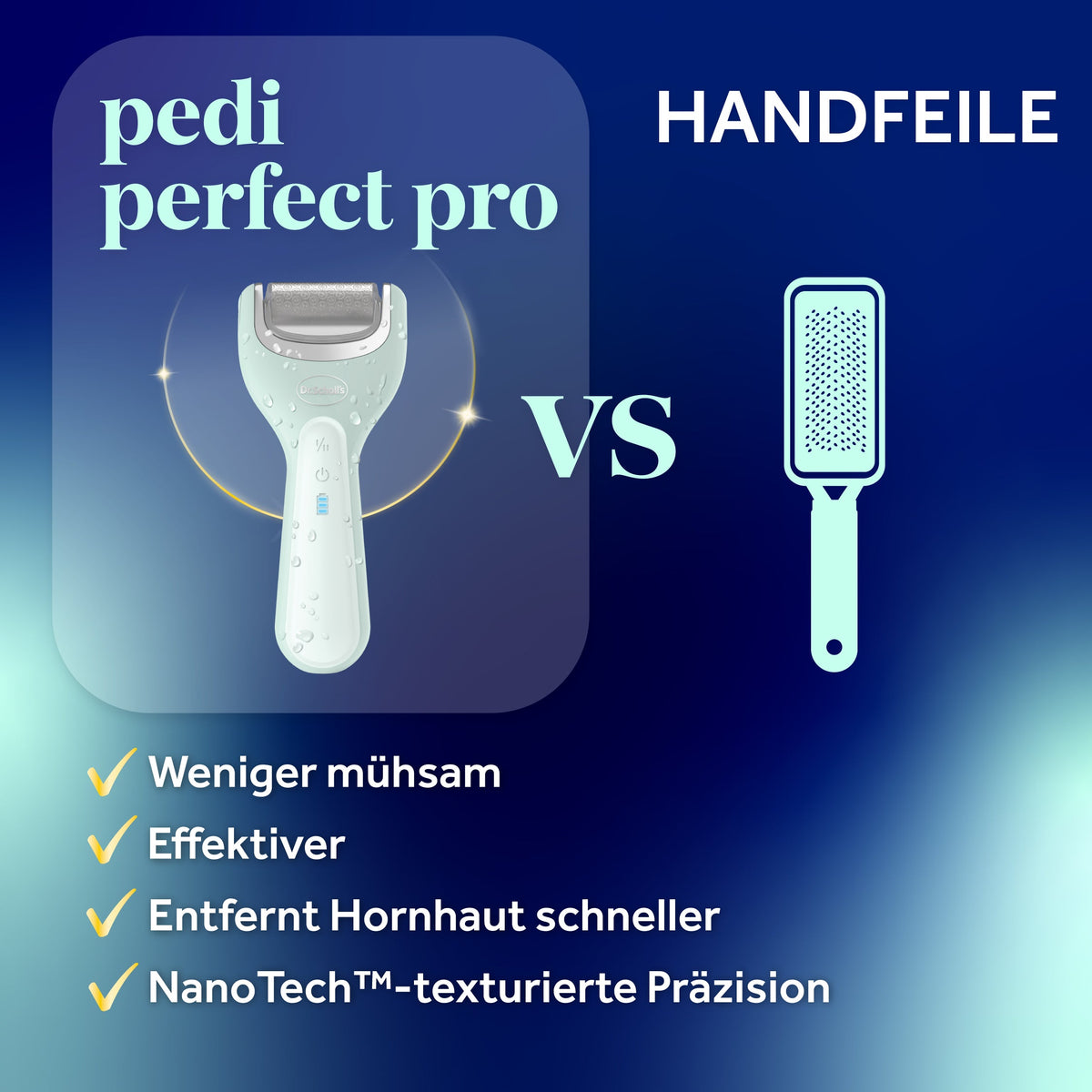Scholl Site DE Care Dr. Scholl’s Pedi Perfect Pro Wasserdichter, Wiederaufladbarer, Elektrischer Fußhornhautentferner mit x3 Rollenköpfen